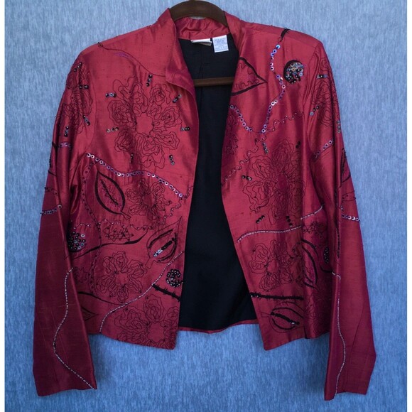 Bleu Bayou Long Sleeve Open Front 100% Silk Beaded Red Jacket Woman' SZ Medium - Picture 6 of 16